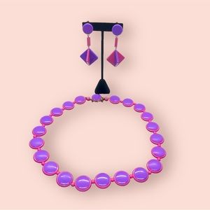Retro Necklace & Earrings Pink & Purple Jewelry Set